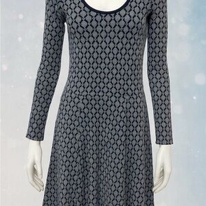 Boden Glamorous Metallic Knit Dress Blue Geometric Print Long Sleeves Size 10 L